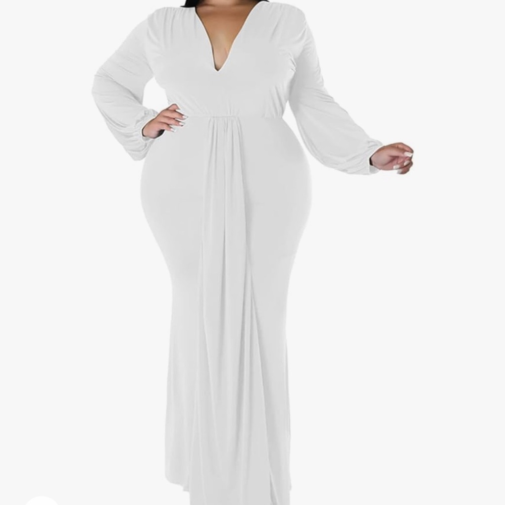 Elegant V Neck Latern Sleeve Bodycon Solid Ruched Evening Party Maxi Long Dress